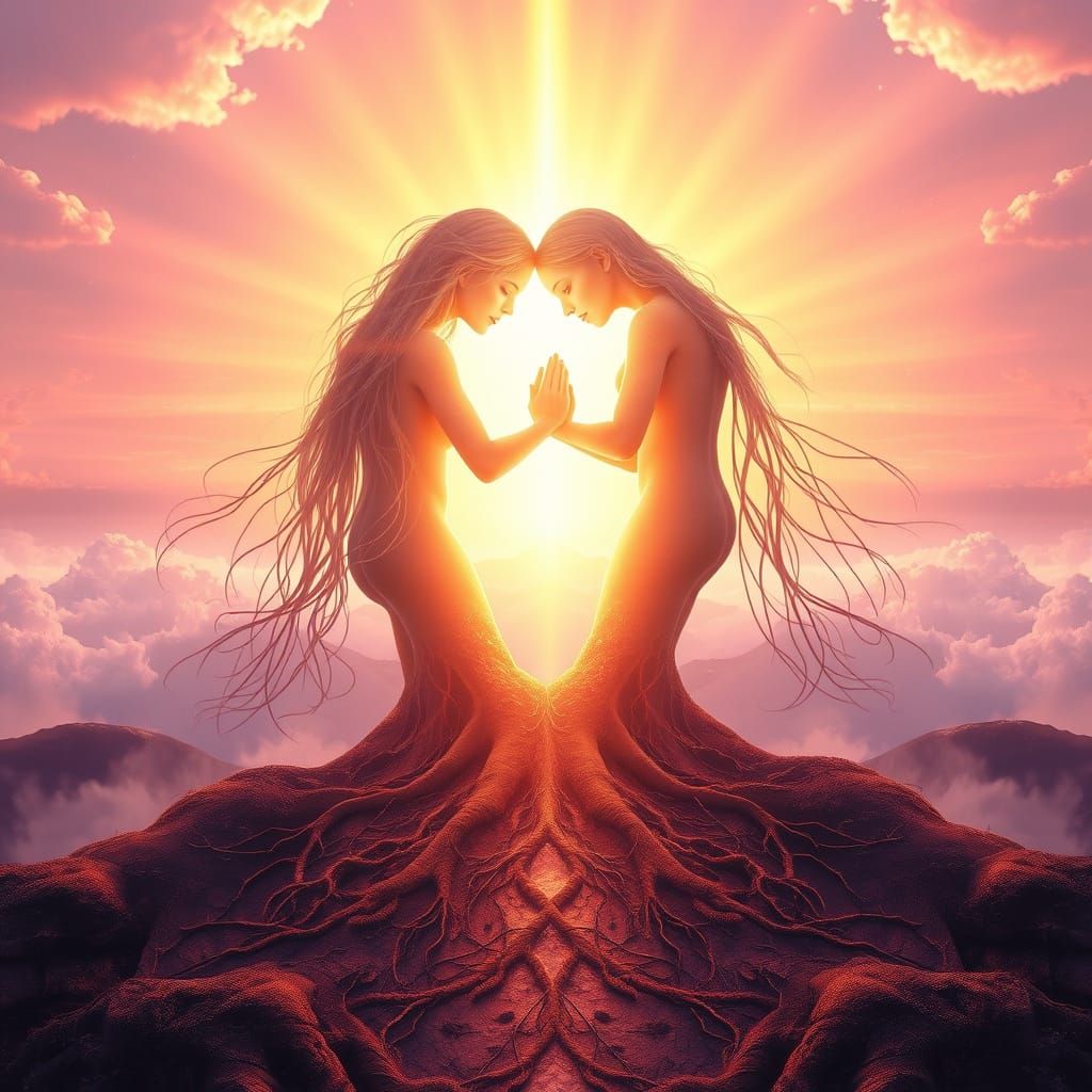 Surreal, Mystical Portrait of Two Souls in Golden Light