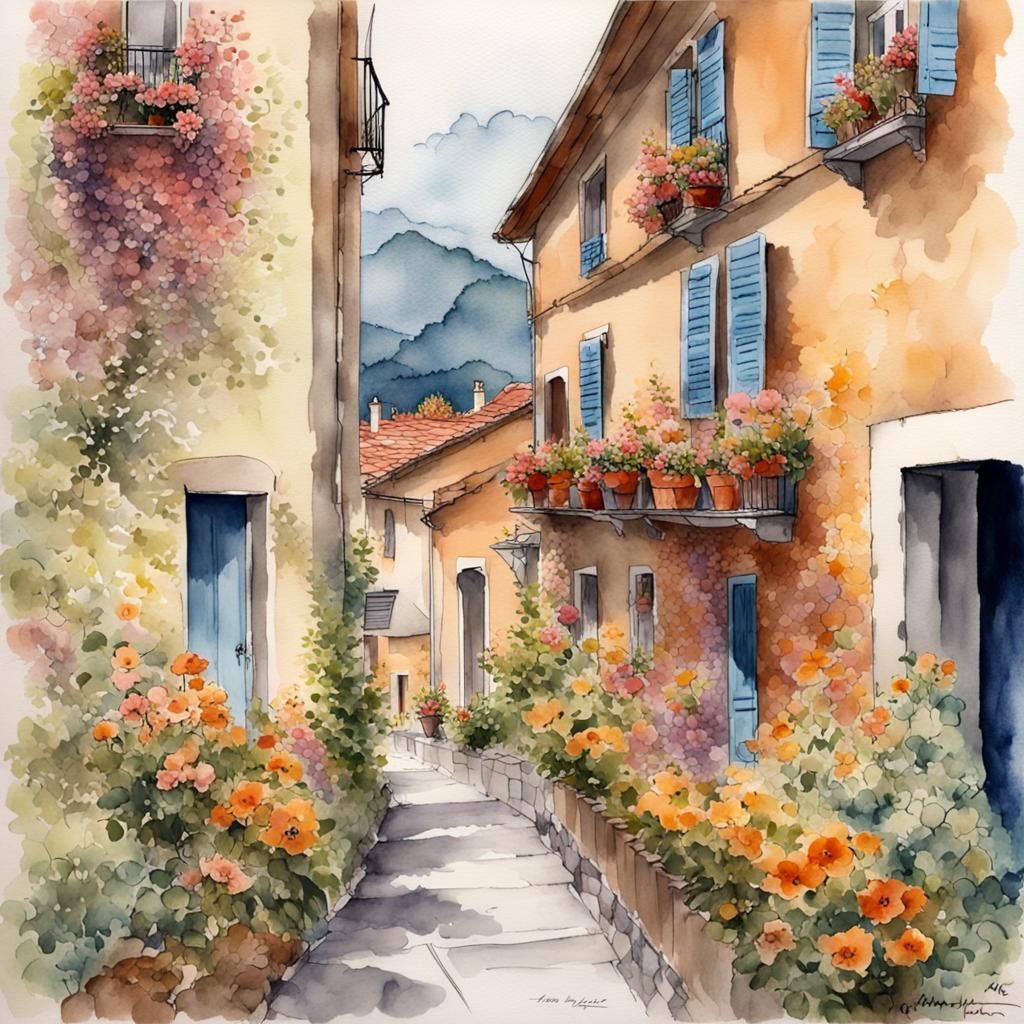 Charming French Street Scene in Naive Painting Style