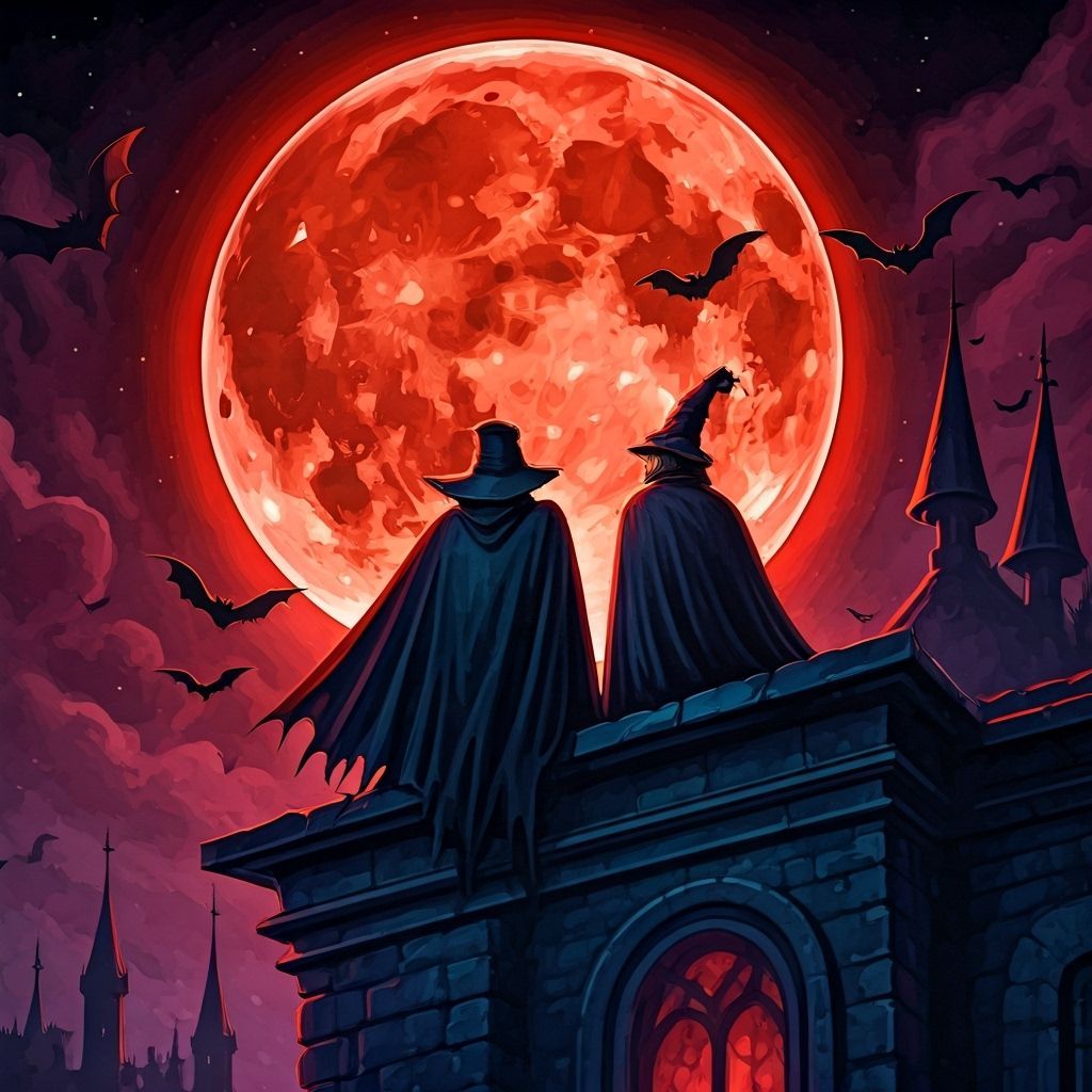 Detailed Red Moon With Bats and Ghosts Over Haunted Castle