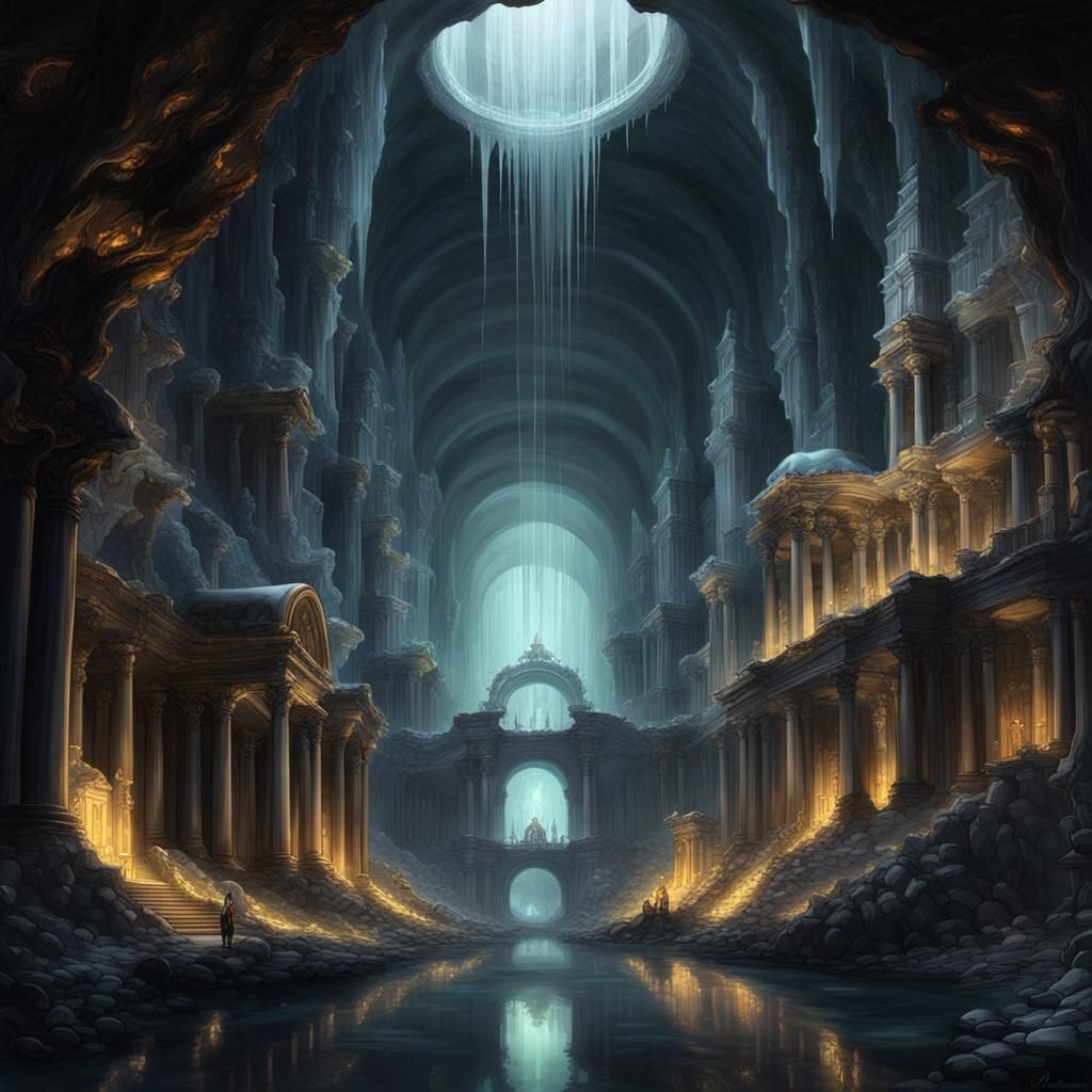 Palladian City in Crystal-Lit Underground Cavern