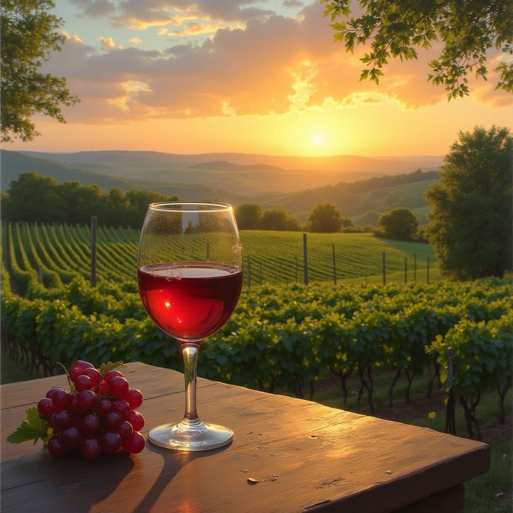 Red Wine Glass Overlooking Sunset Vineyard, Landscape Painti...