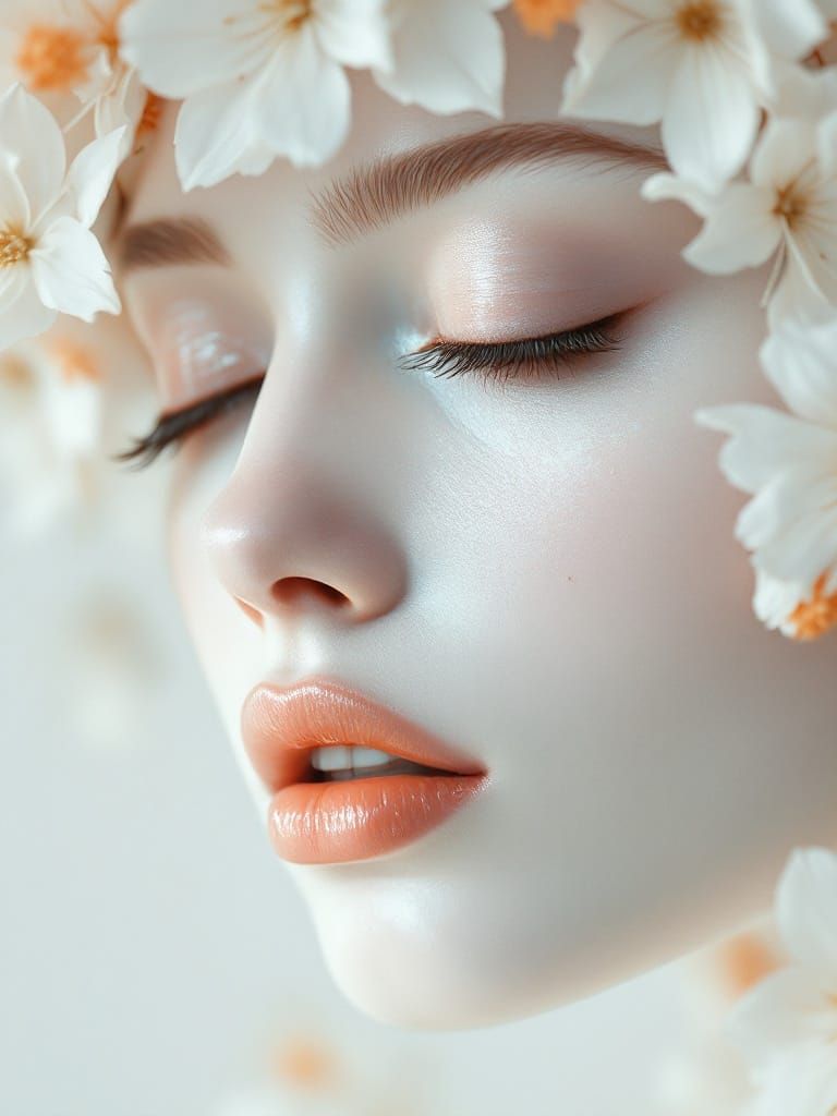 Ethereal Woman with Floral Adornments: Surreal Digital Portr...