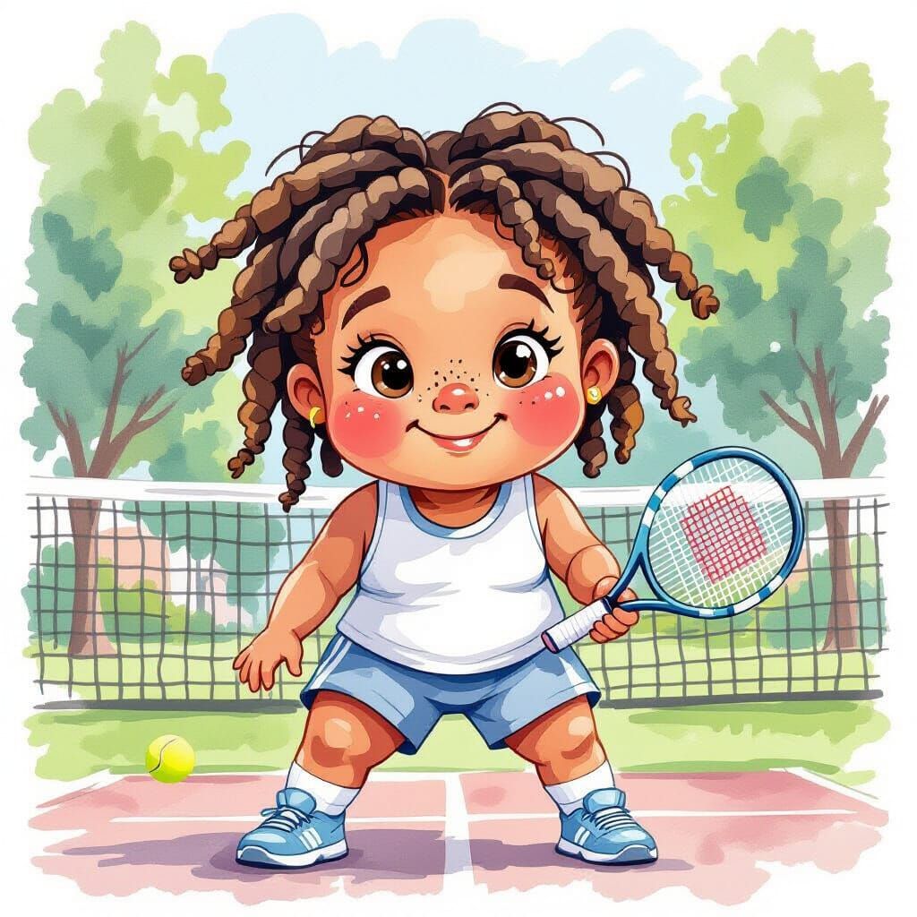 Girl's Tennis Lesson in Watercolor Style