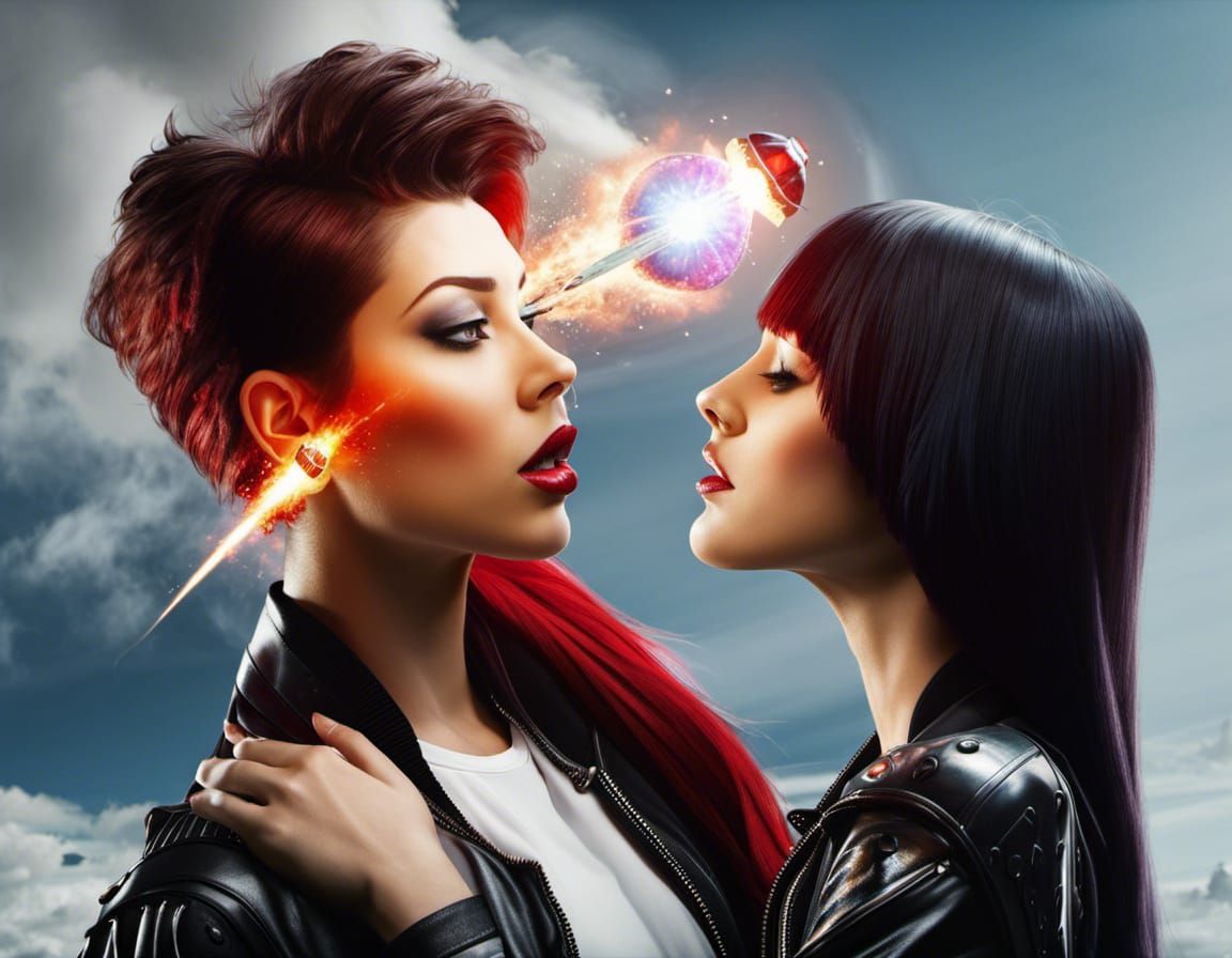 Exploding Spaceship: Passionate Kiss in Dark Fantasy Art