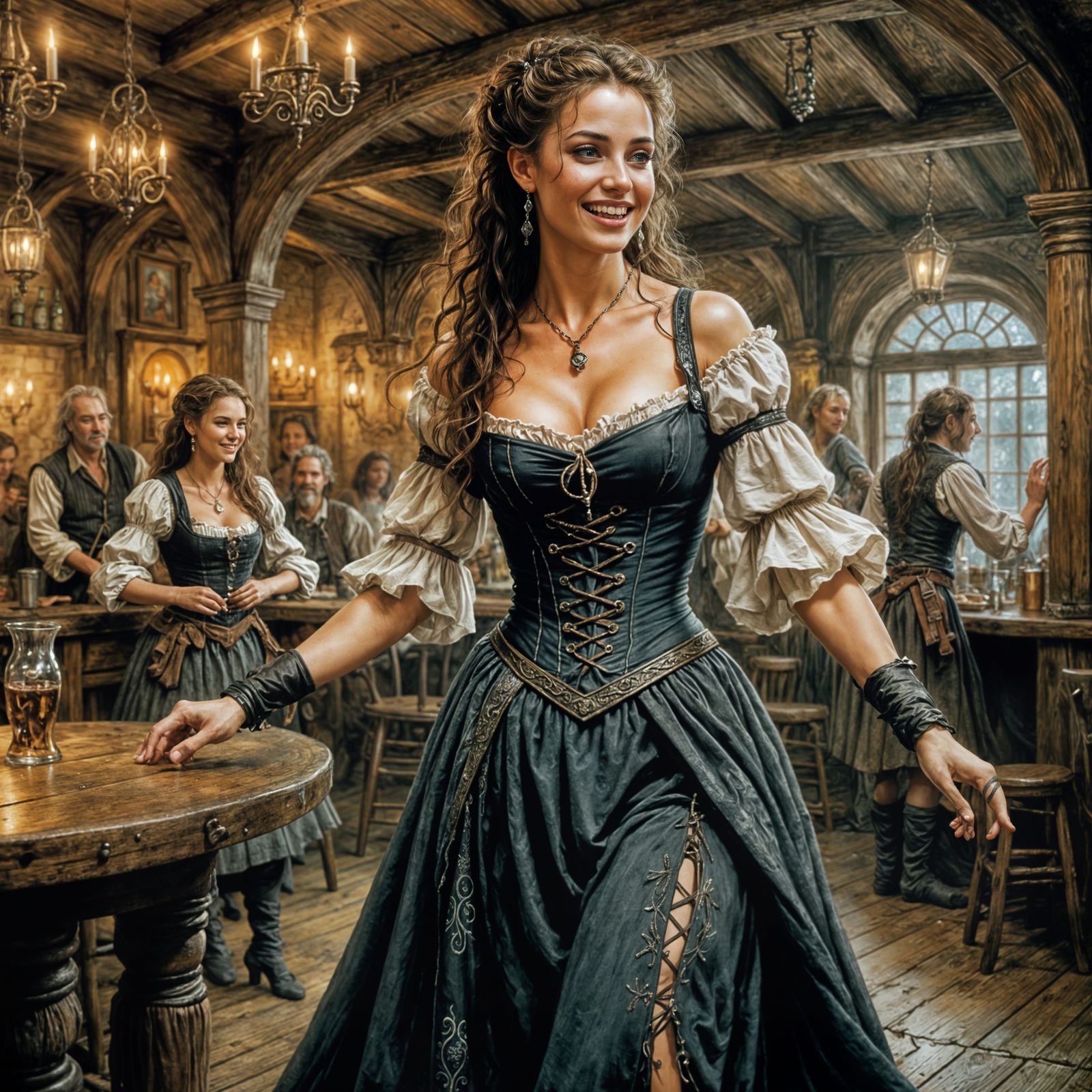 Joyful Wench Dancing in Tavern: Dark Fantasy Illustration