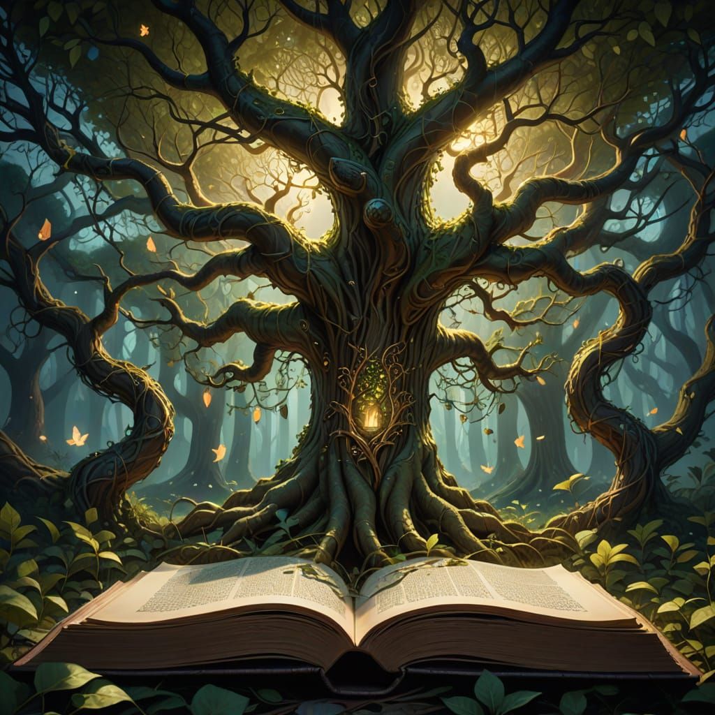 Fantasy Tree Grows From Ancient Open Book