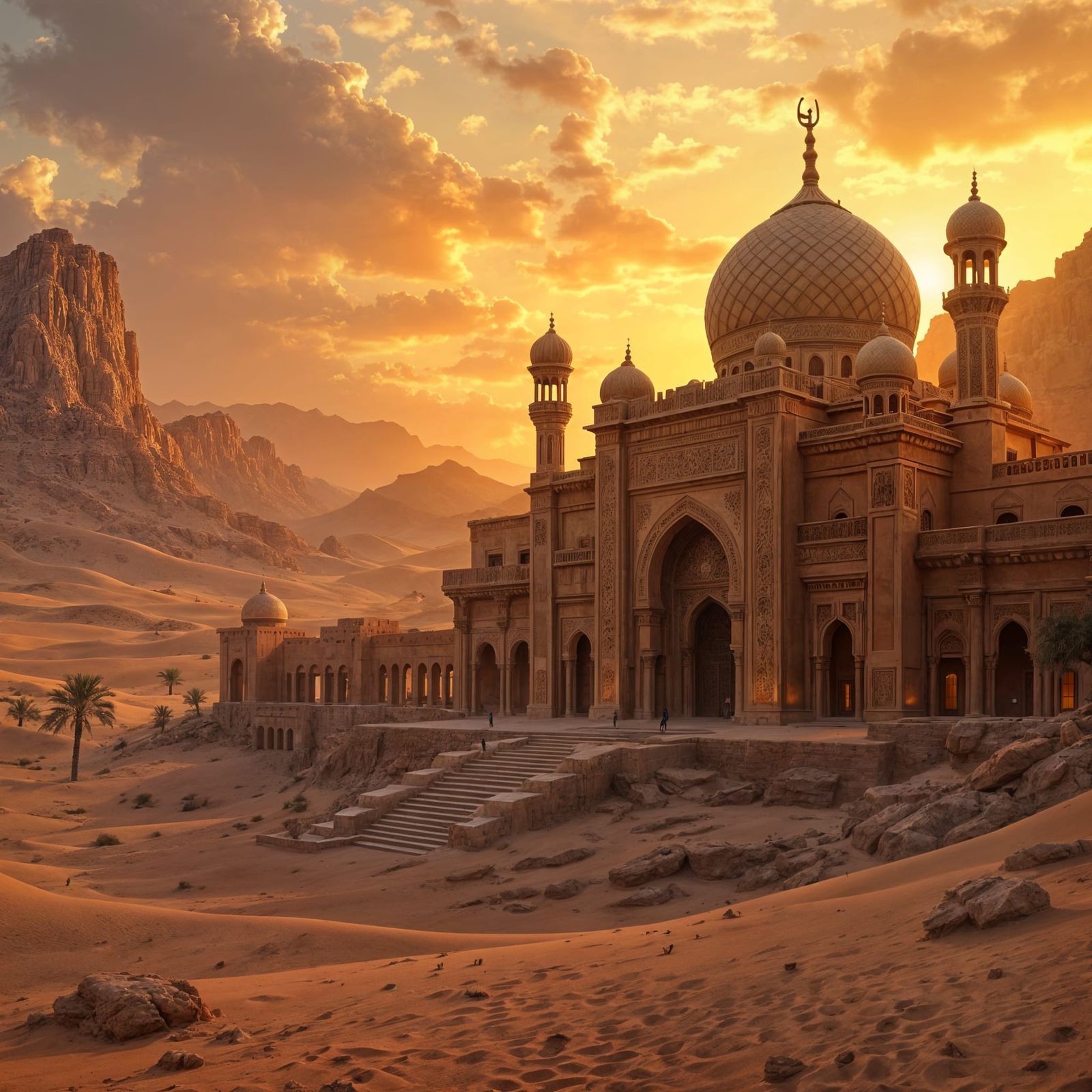 Arabian Nights Architecture in Golden Desert Sunset