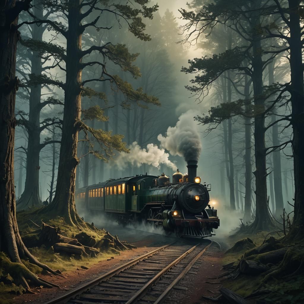 Steam Train in Haunted Forest: Fantasy Concept Art