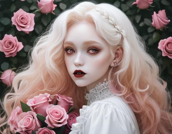 beautiful vampire woman blonde curly hair almond shaped eyes gothic white  dress  pink  roses in hair warm colors aether...
