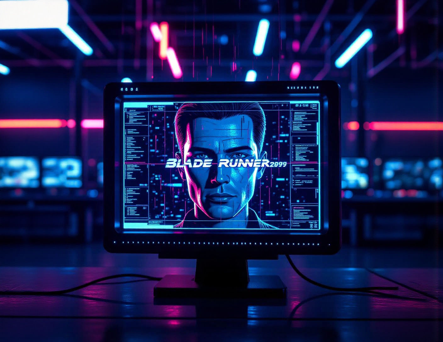 Glitch Face on Viewscreen with Cyberpunk Computer Banks