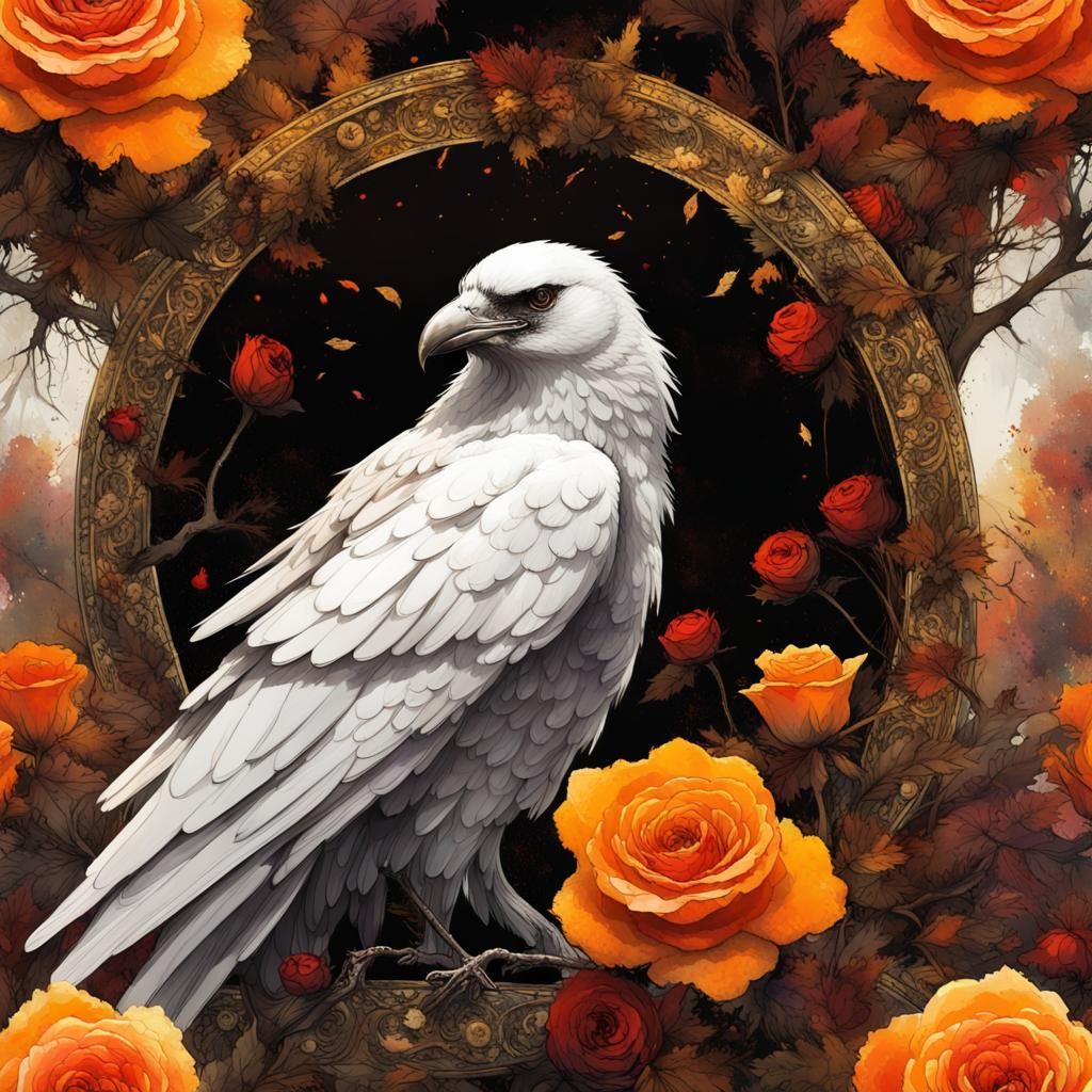 White Raven in Rose Meadow: Gouache Style