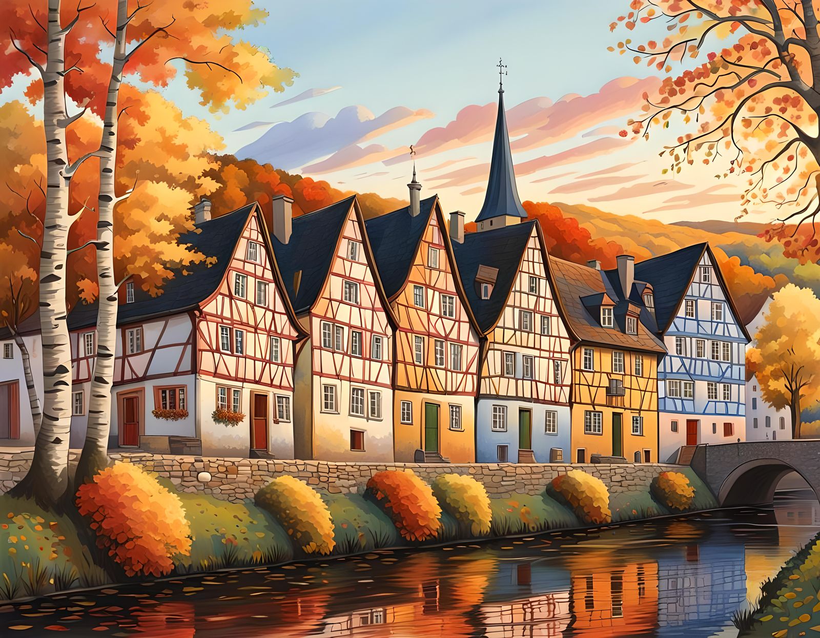 Germany: Colorful Medieval Stone Houses in Autumn, Klimt Sty...