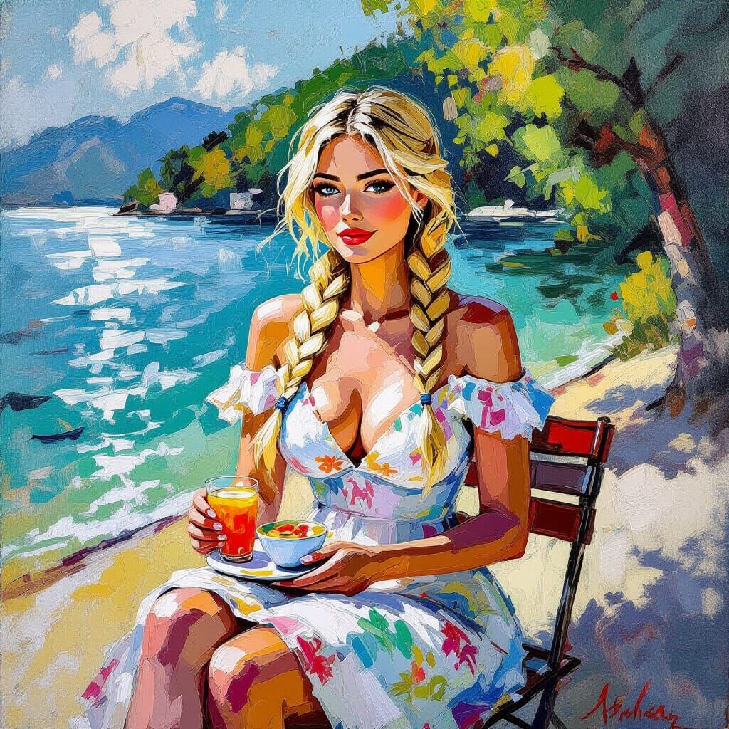 Swiss Woman's Lakeside Brunch: An Impasto Painting