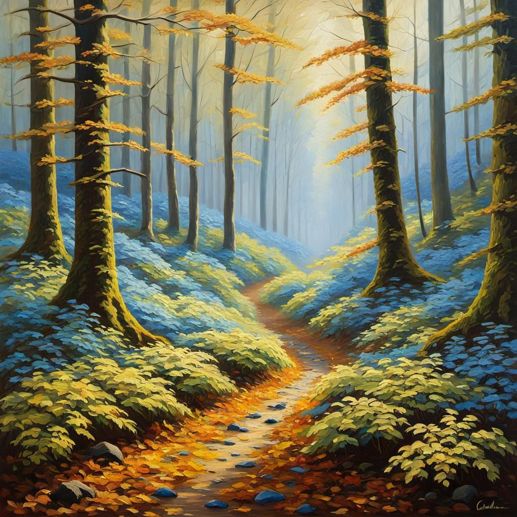 Blue Walnut in Sunlit Forest: Impasto Oil Painting