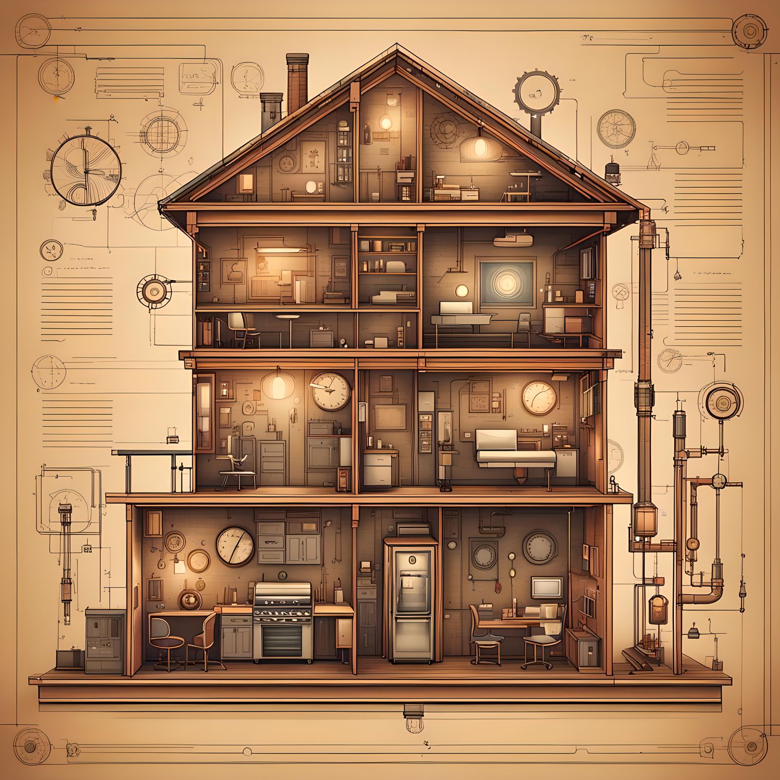 Smart Home Diagram in Bauhaus-Steampunk Style