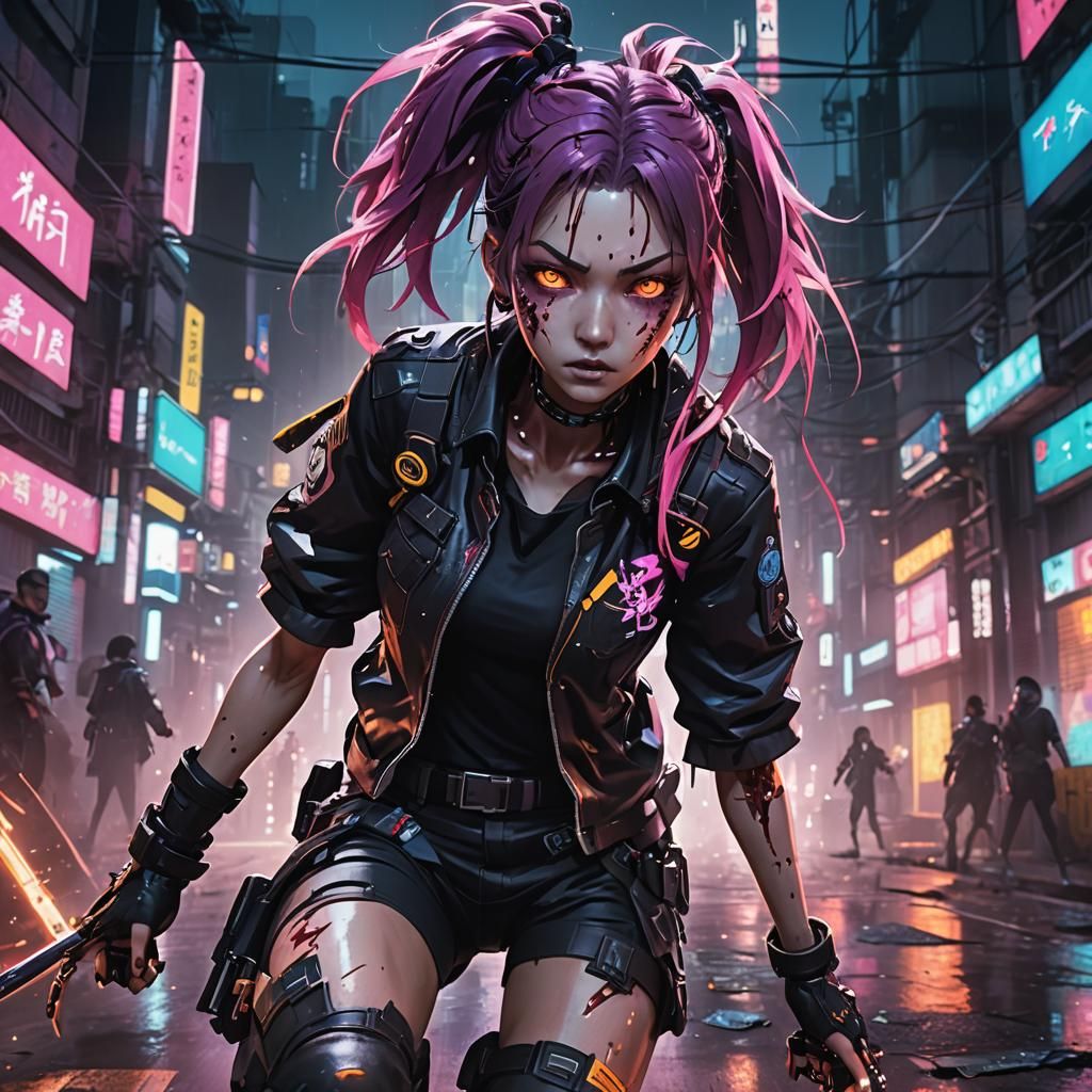 Cyberpunk Anime Honkai Zombie Attack in Dystopian City