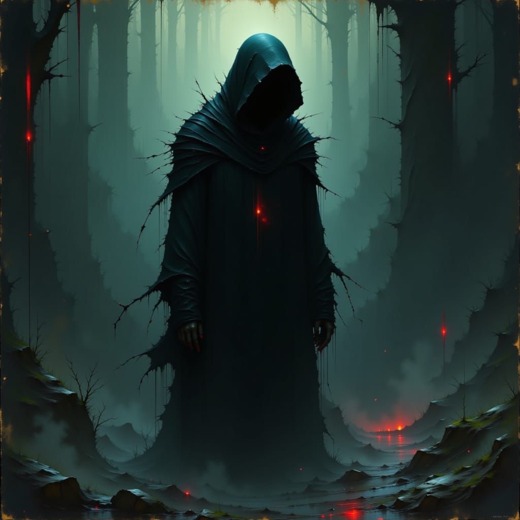 Eerie Glowing Figure in Dystopian Surrealism