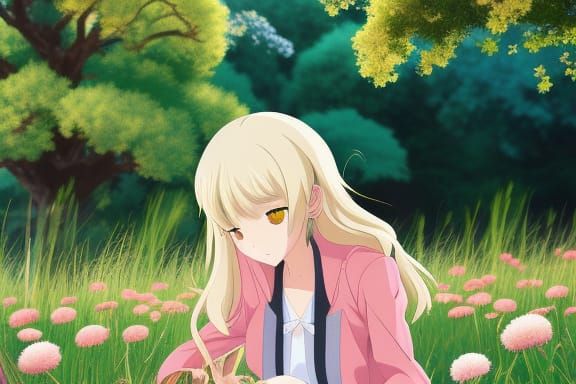 Anime Girl in Flower Field, Ghibli Style