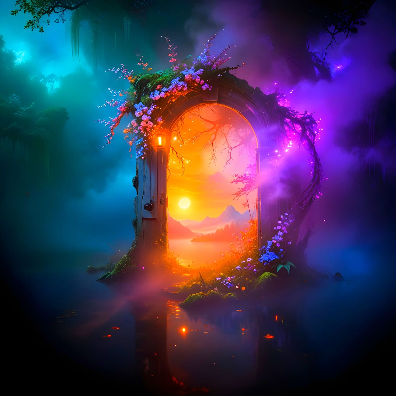 Magical Door in Dreamlike Lake: Whimsical Art