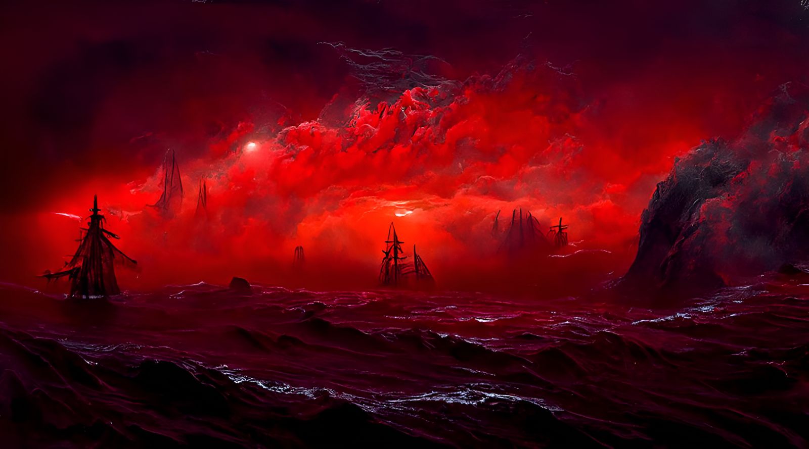 Ghost Ship Sailing Through Red Clouds, Digital Painting