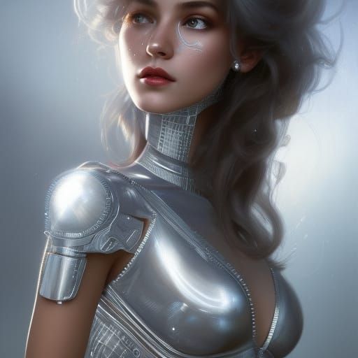 Dazzling Silver Robot Girl Portrait in Digital Art Style
