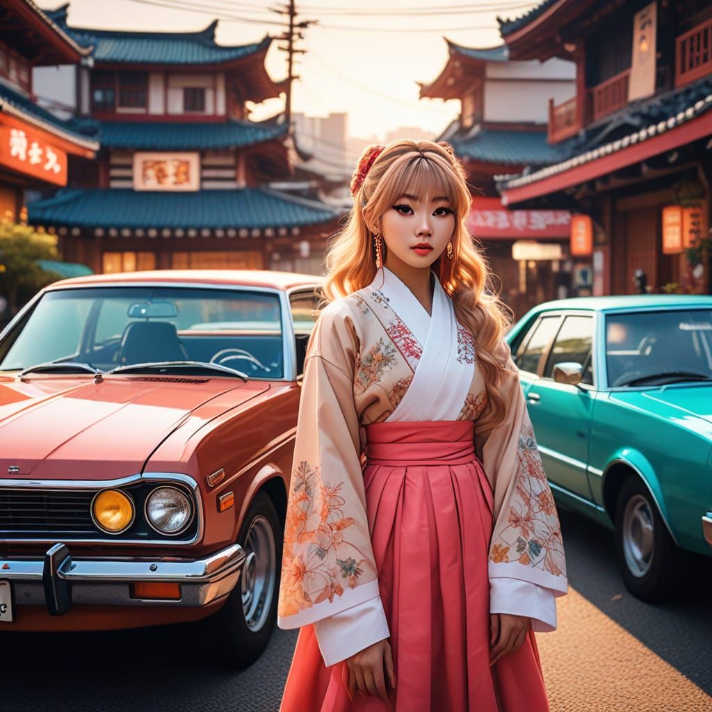 Gyaru Girl in Traditional Hanbok Meets Retro Anime
