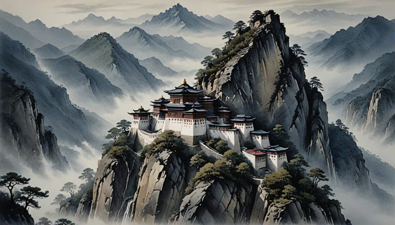 Serene Tibetan Monastery in Misty Mountains - Ink Wash Paint...