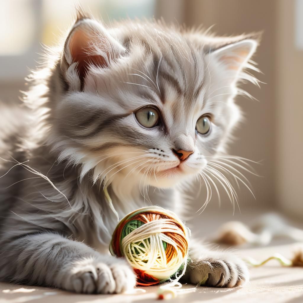 Gray Kitten Plays in Sunlit Room