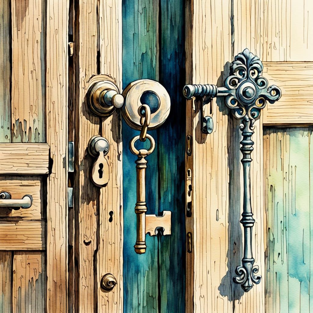 Watercolor Painting of an Old Worn Skeleton Key