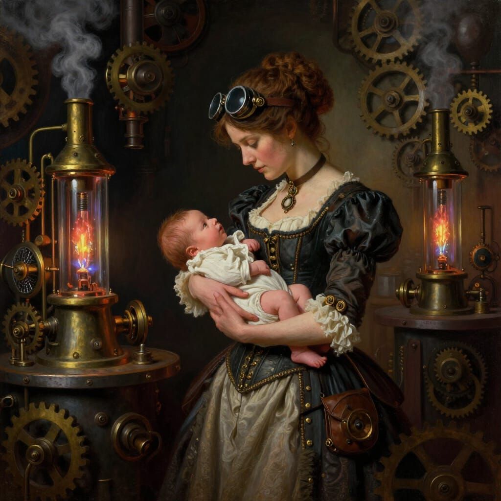 Steampunk Mother and Child in Victorian Workshop
