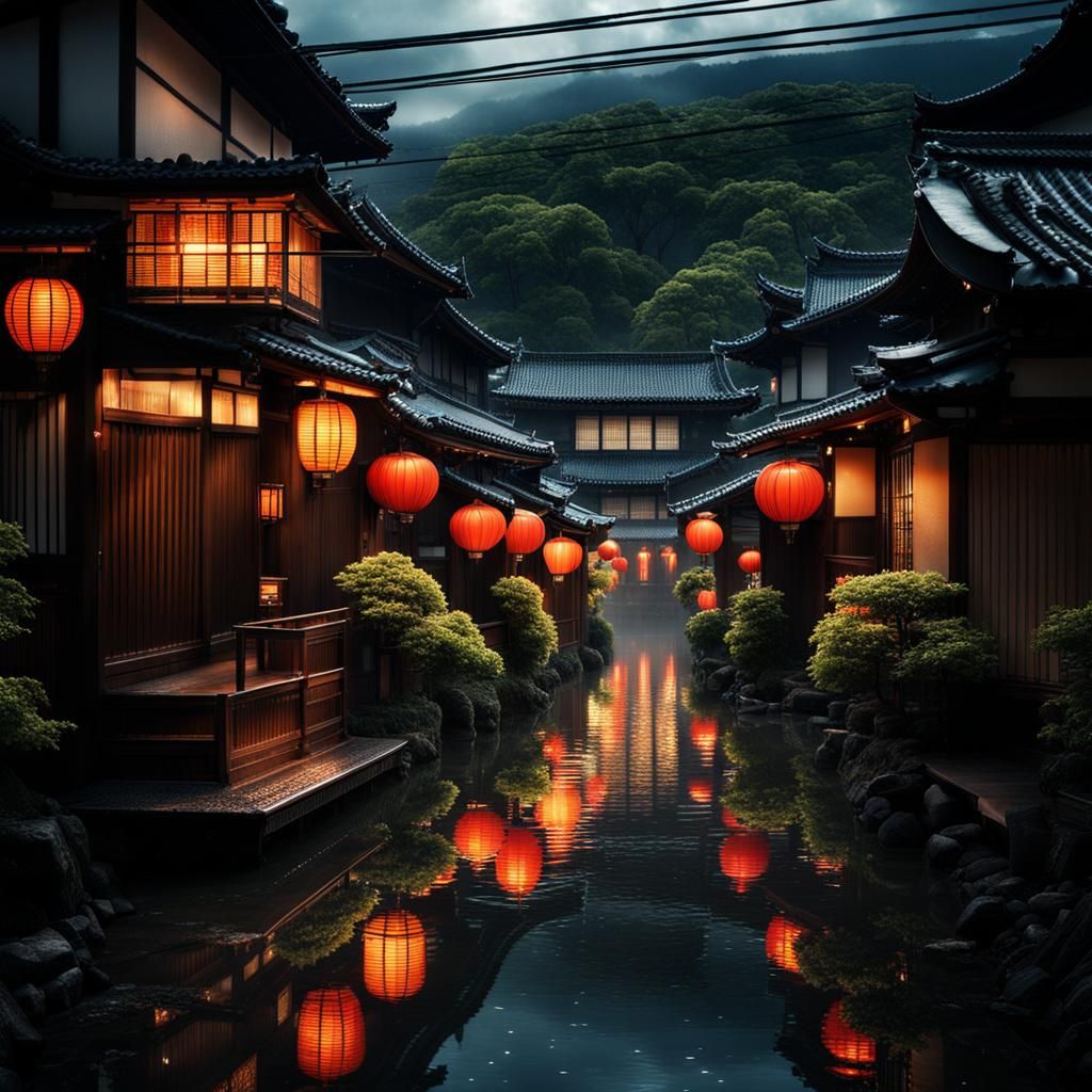 Rainy Night Street with Reflections, Japan, Digital Painting
