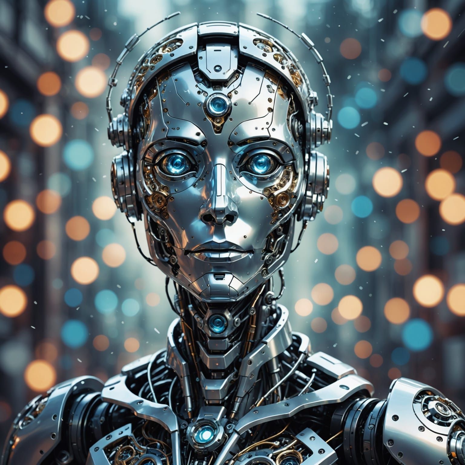 Surreal Robot Portrait with Crystals and Bokeh
