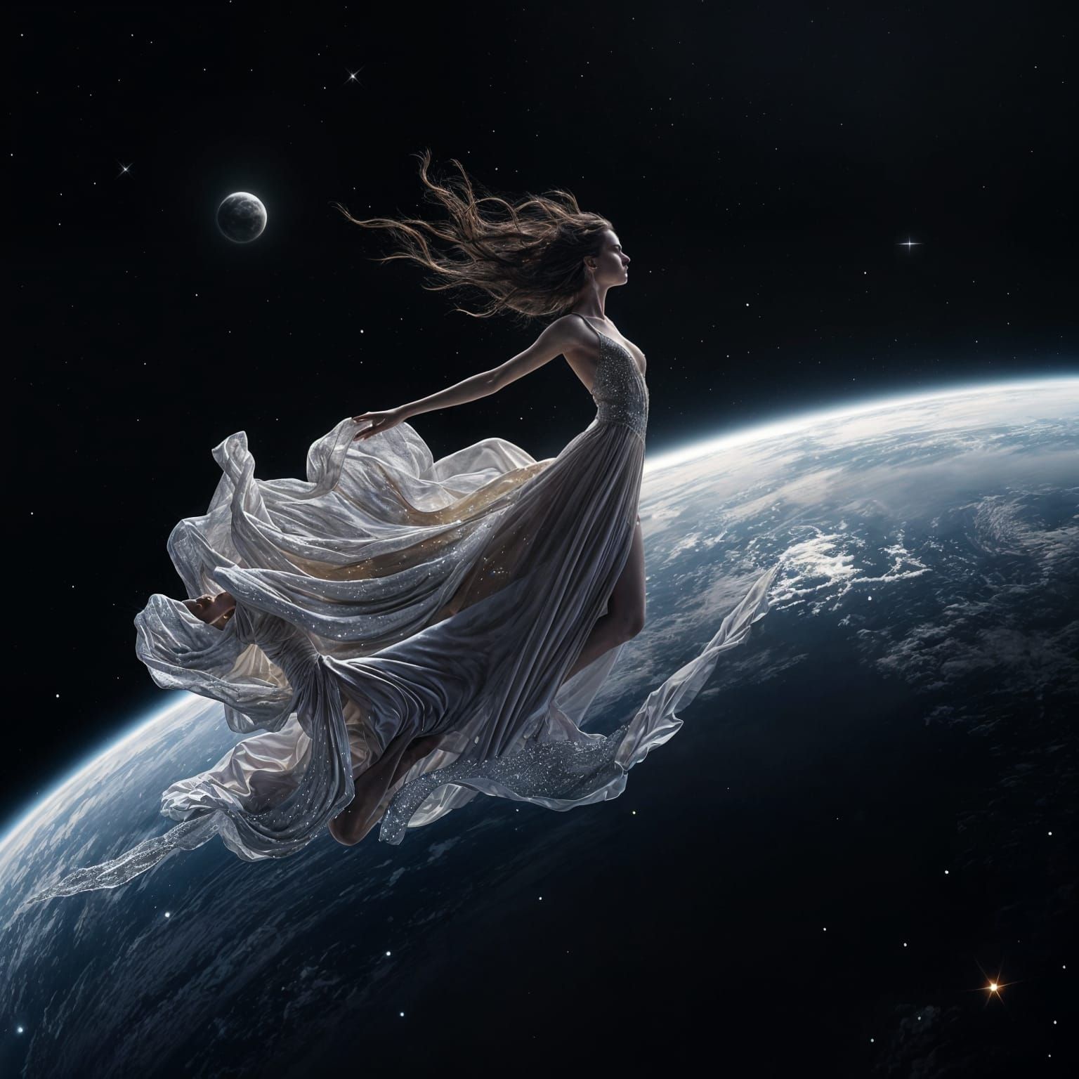 Celestial Dancer in Dreamlike Descent Above Dark Planet
