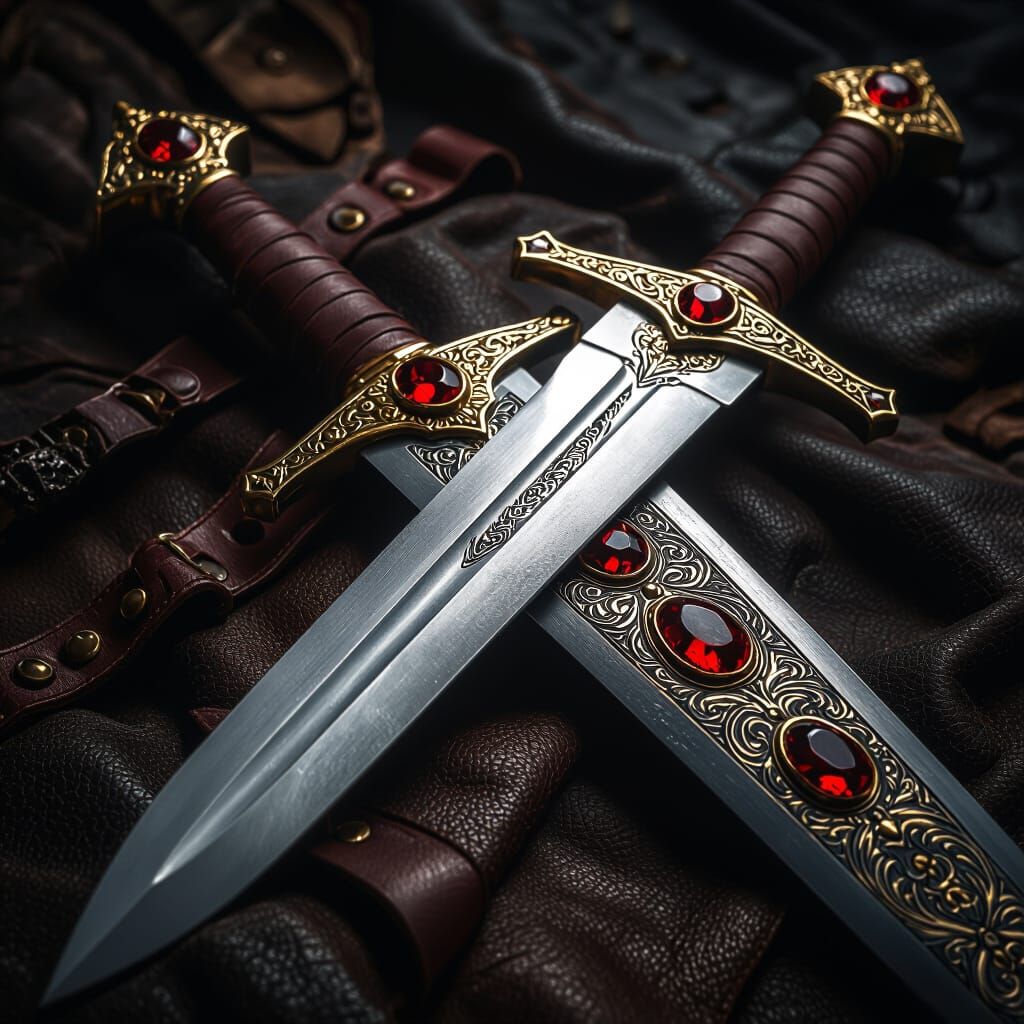 Medieval Sword with Gleaming Blade and Gemstone Hilt