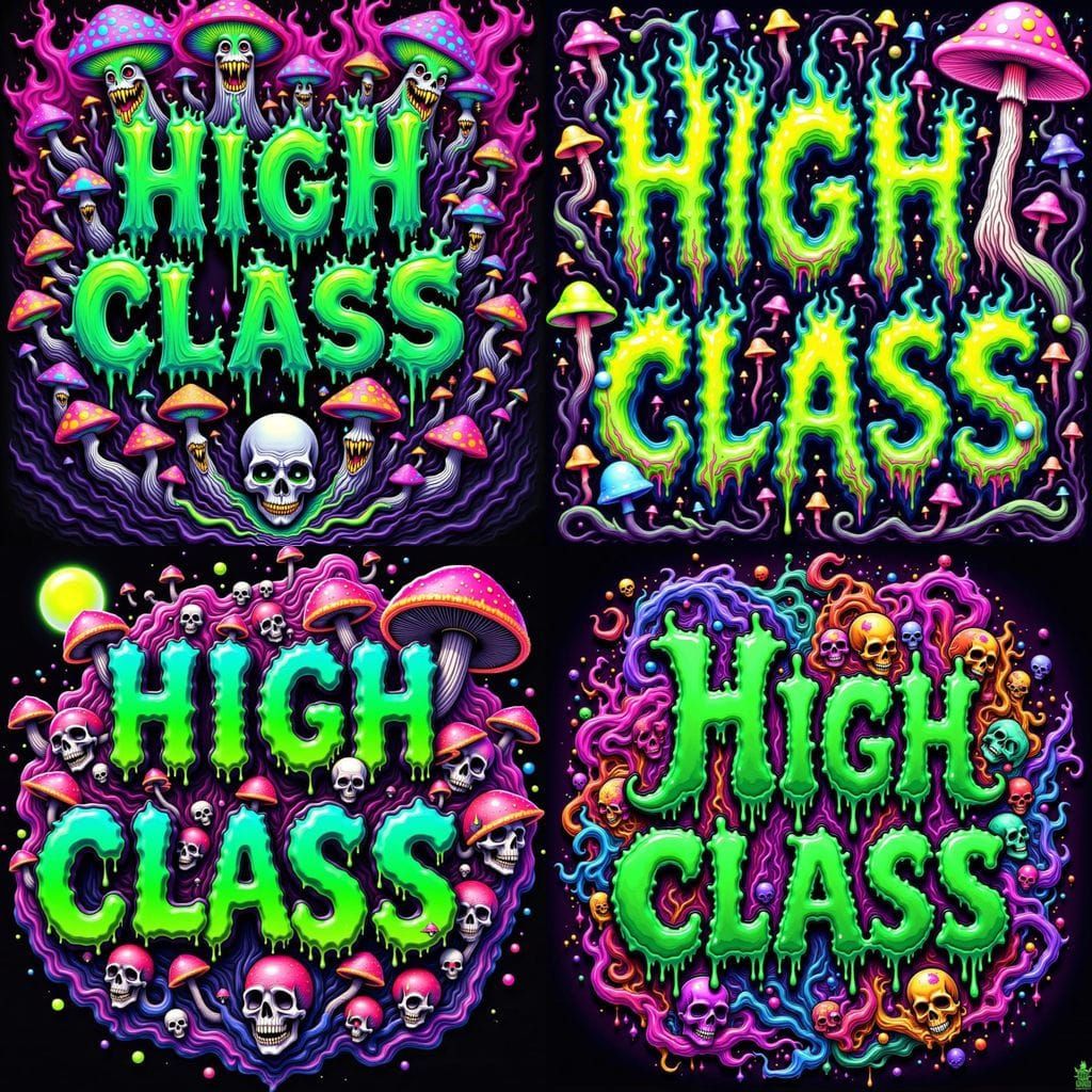 Neon Green "HIGH CLASS" Melting Font with Psychedelic Mushro...