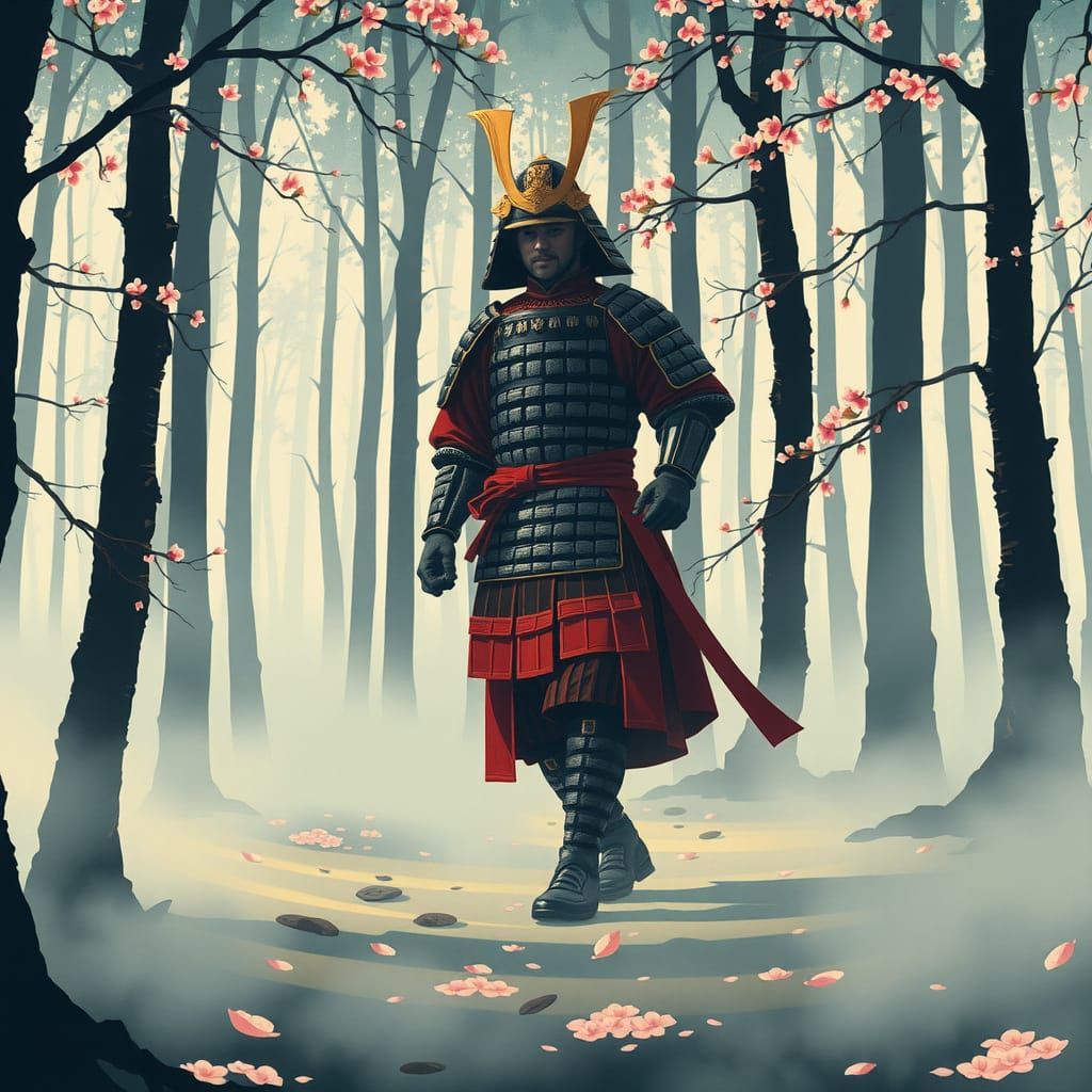 Samurai in Misty Forest, Ukiyo-e Style