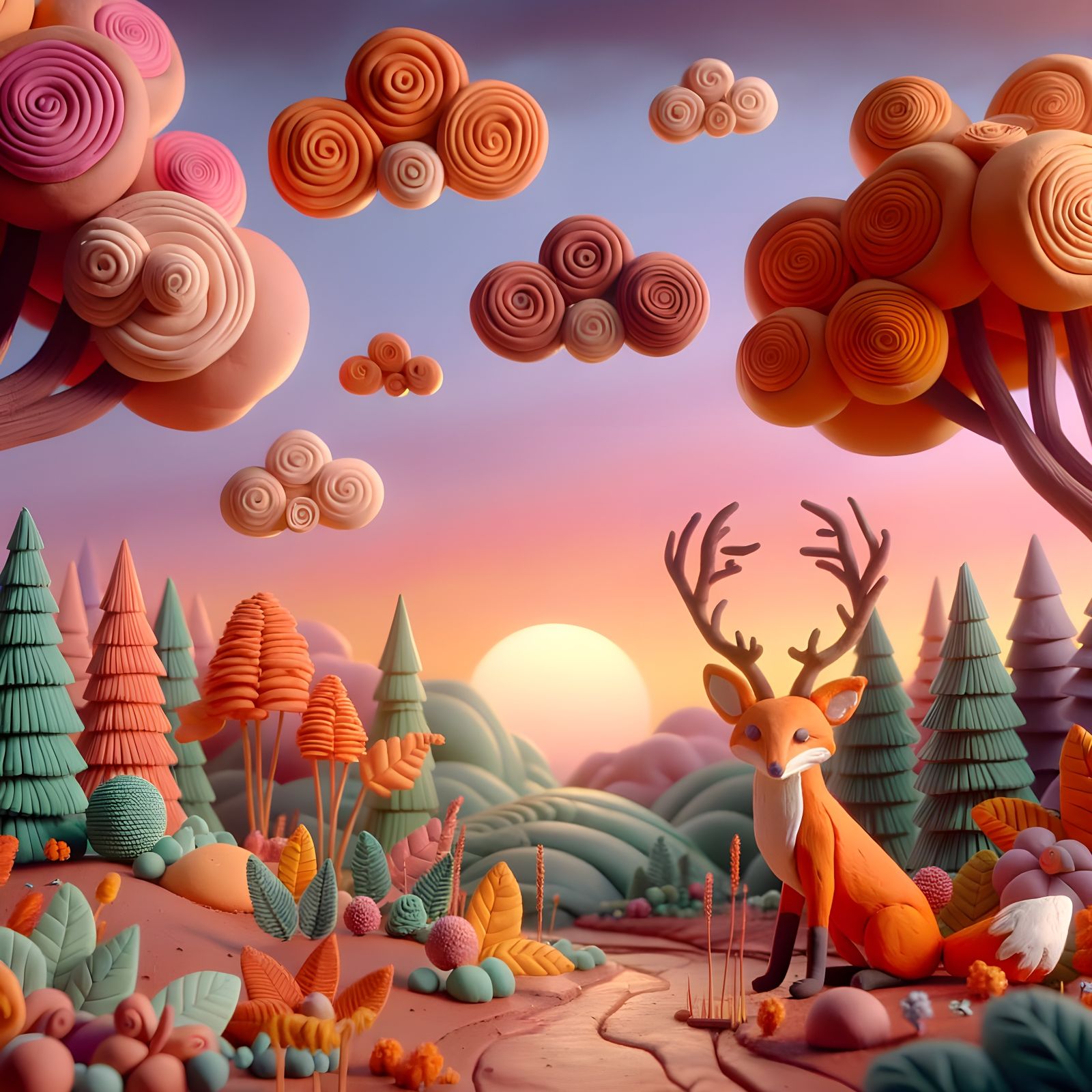 Whimsical Claymation Forest with Fox and Stag