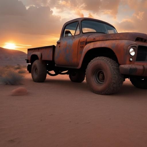 <lora:History Now and Then:1.0>rusty old truck in a desert b...