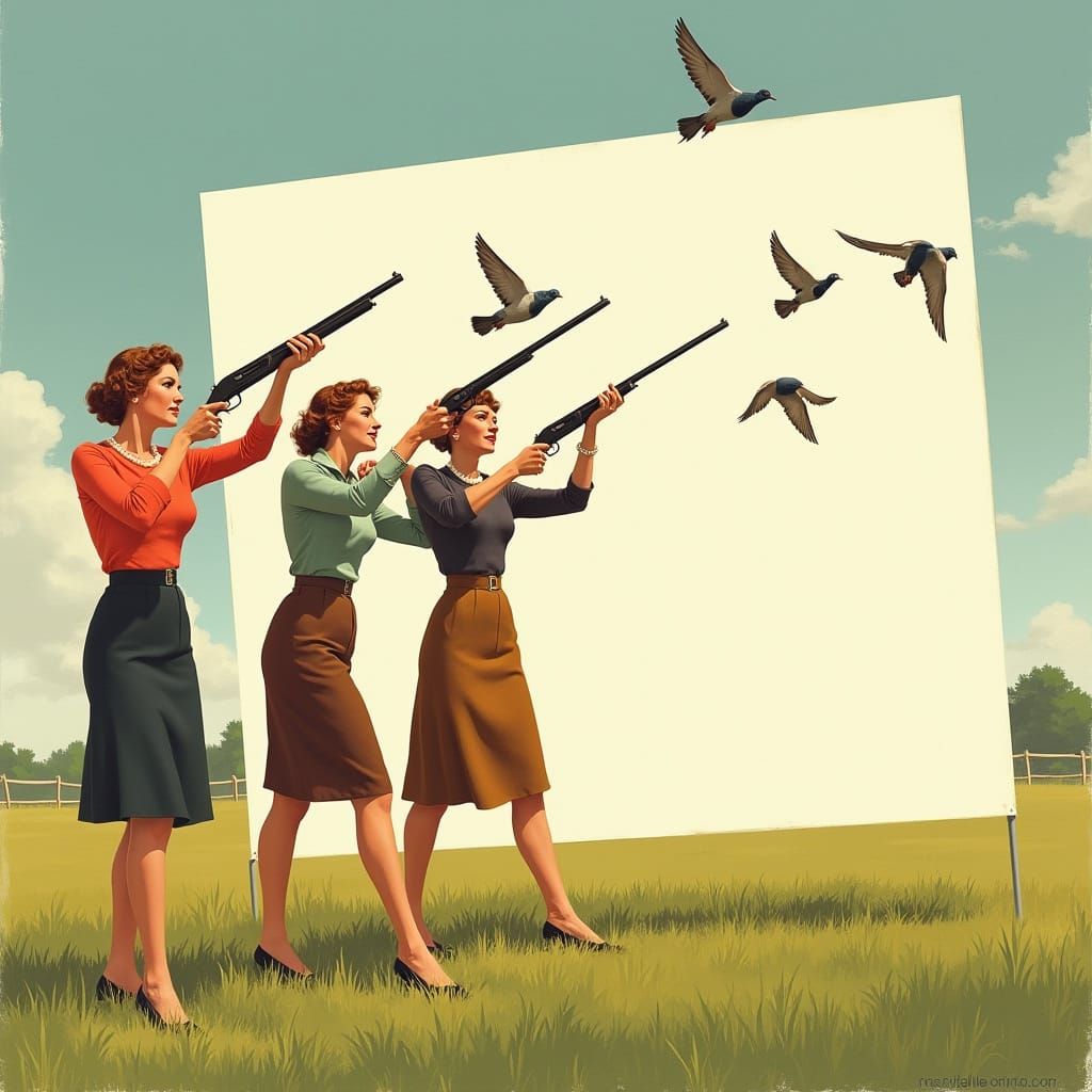 Confident Women in 1950s Attire Take Aim at Pigeons