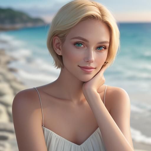 young woman, 27 y.o., short hair, blonde hair, green eyes, (...