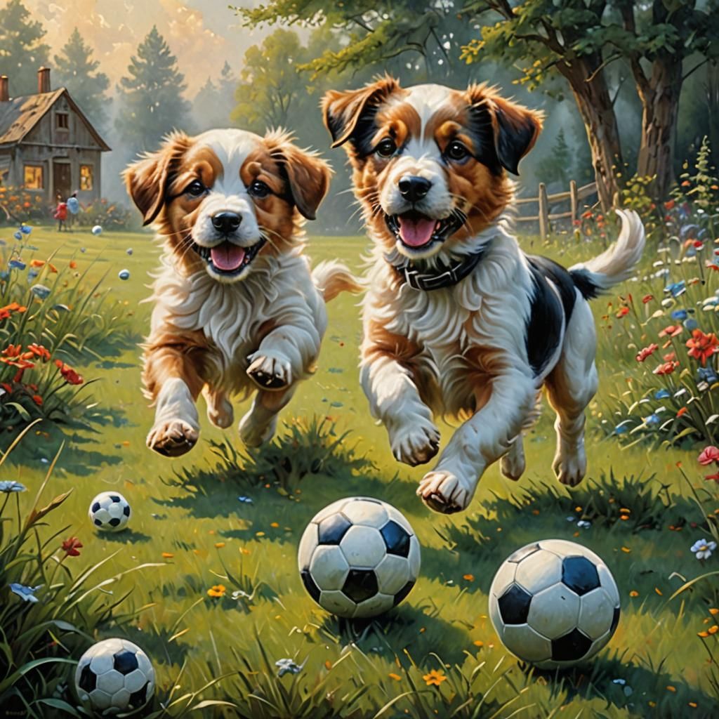 Puppies Playing Soccer: Ethereal Oil Painting