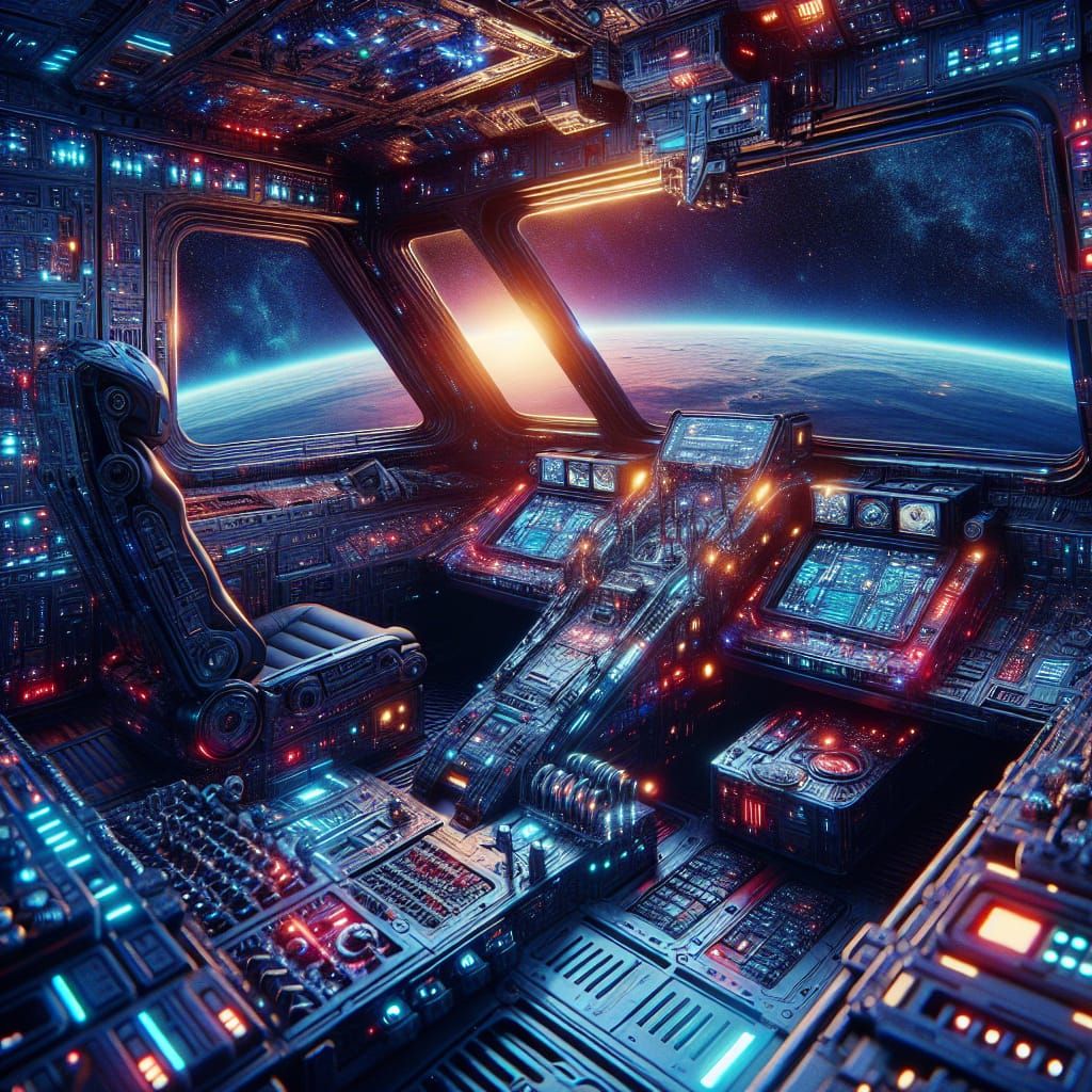Futuristic Spaceship Cockpit with Planet View in Detailed Ar...