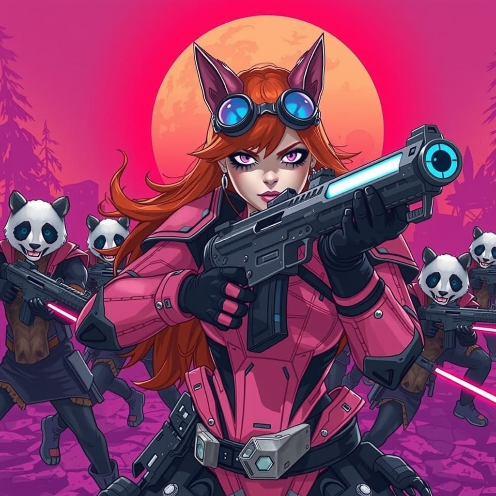 Regal Redhead Cat Woman Leads Cyberpunk Battle
