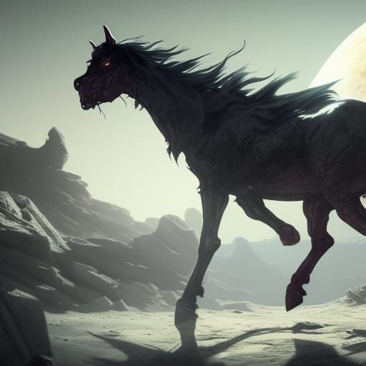 Demon Horse on the Moon in Dark Fantasy Style