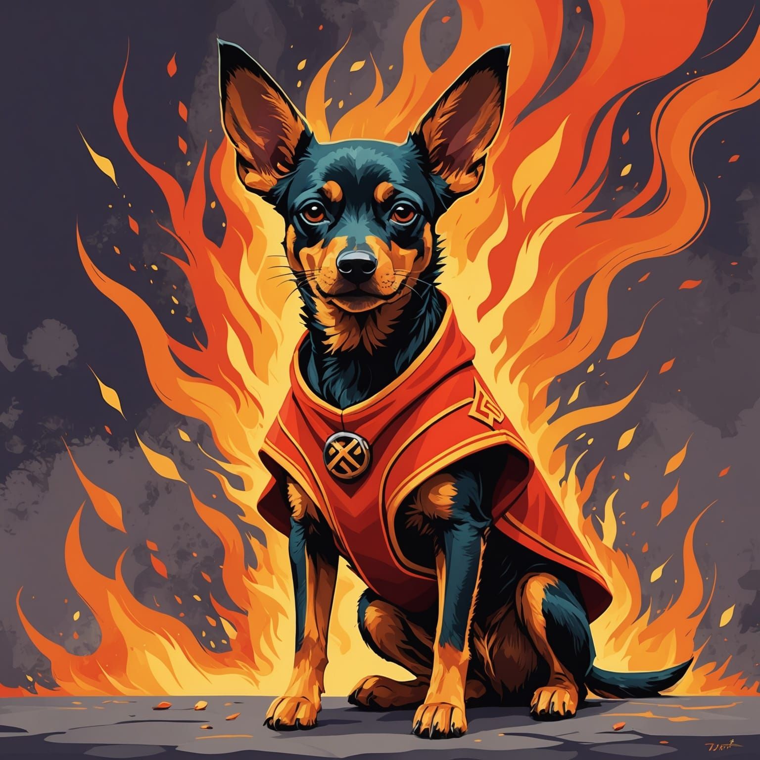 Miniature Pinscher Superhero in Kawaii Ghibli Style