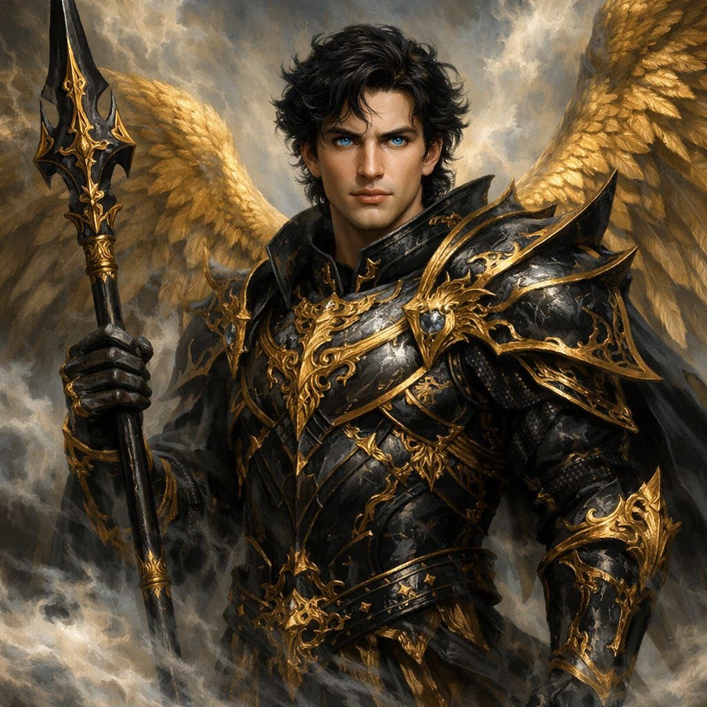 Fantasy Warrior with Gold Wings and Blue Eyes