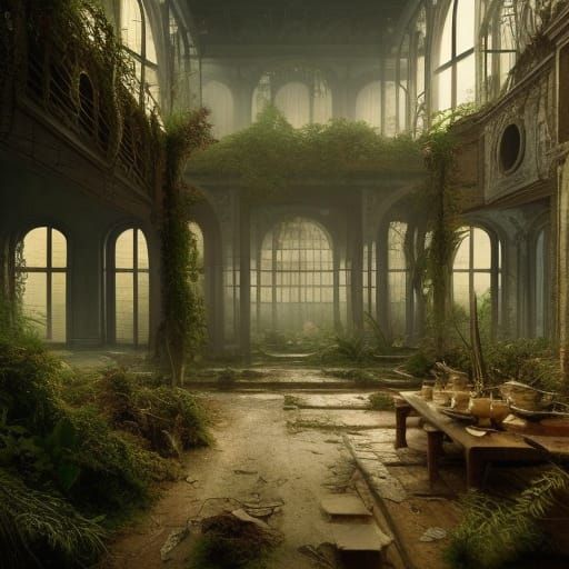 Atmospheric Abandoned Interior with Lush Plants