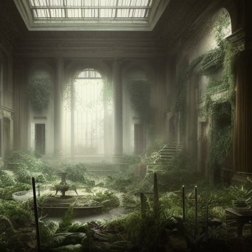 Atmospheric Abandoned Interior with Plants, Digital Matte Pa...