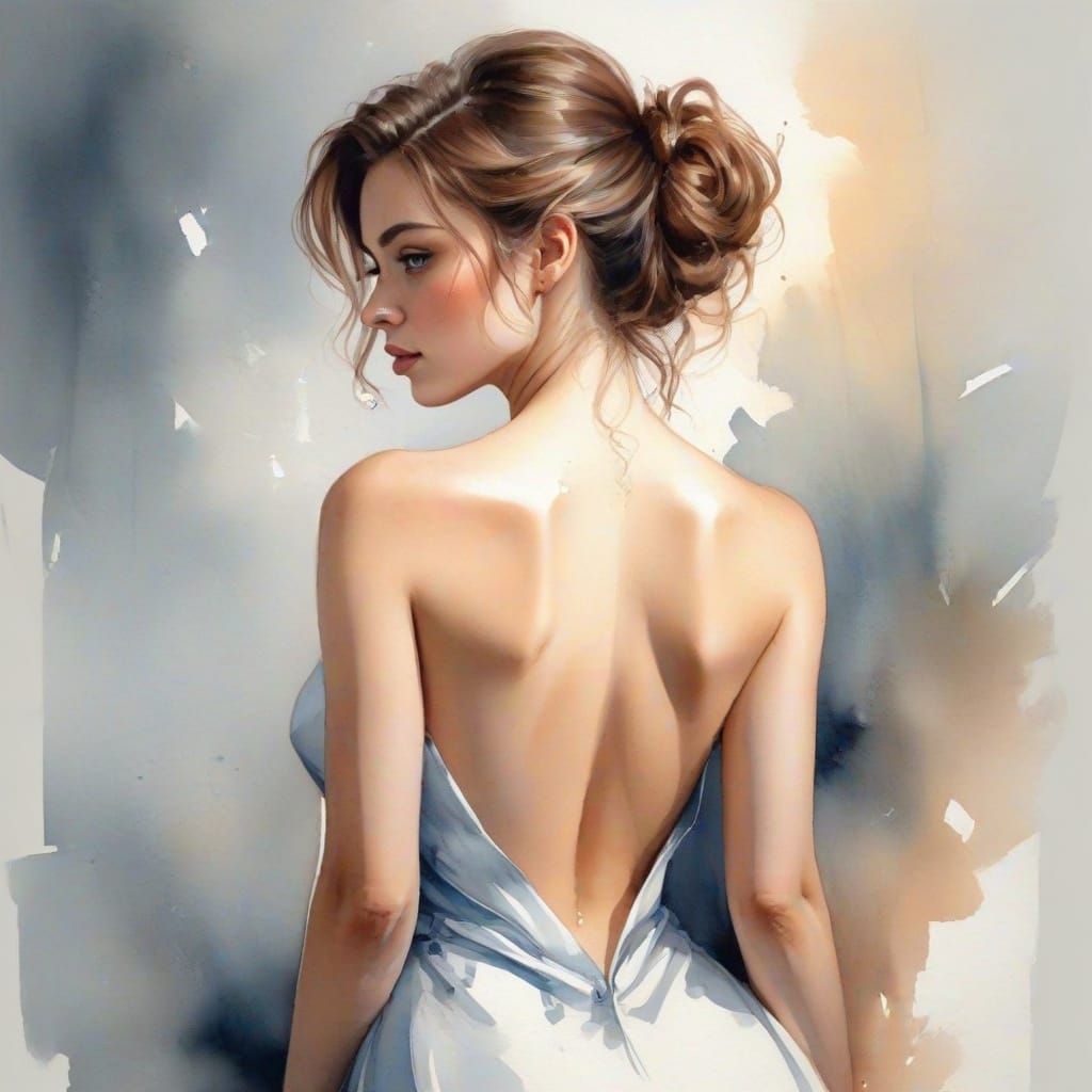 Woman Turns Back, Full Length Portrait in Watercolor Style