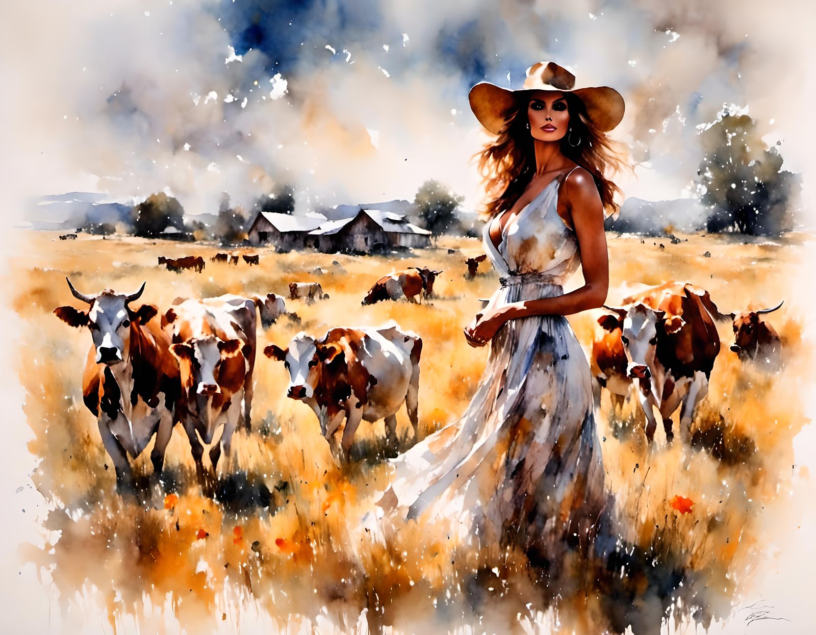 Impressionist Raquel Welch with Cows in Meadow
